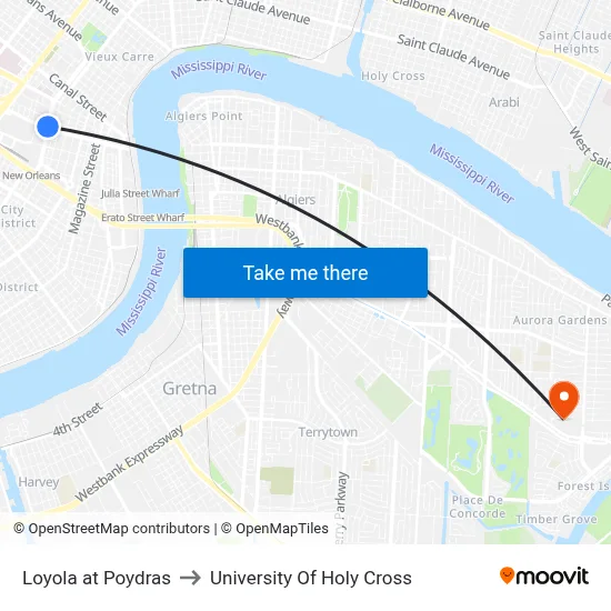 Loyola at Poydras to University Of Holy Cross map