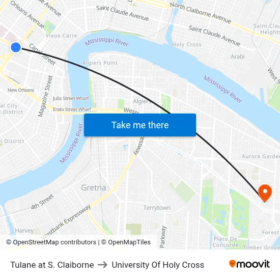 Tulane at S. Claiborne to University Of Holy Cross map
