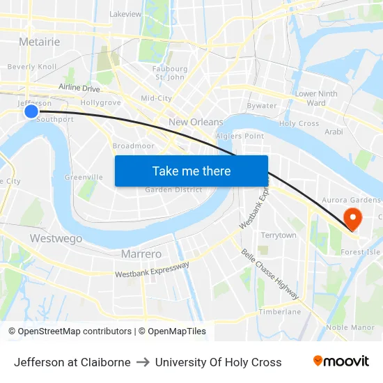 Jefferson at Claiborne to University Of Holy Cross map