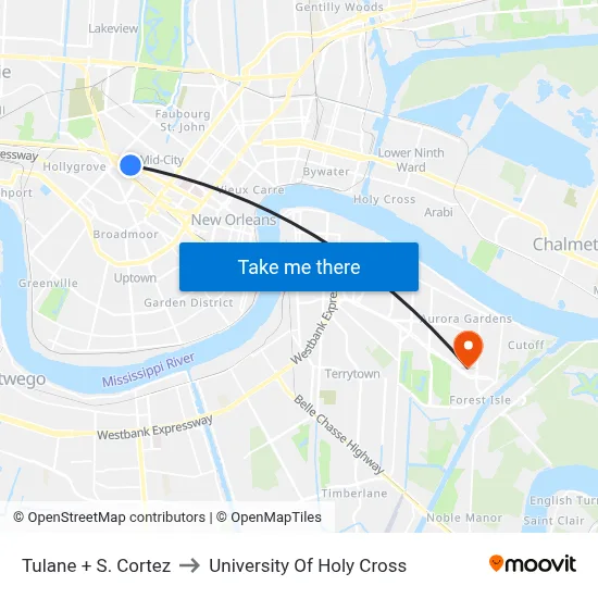 Tulane + S. Cortez to University Of Holy Cross map