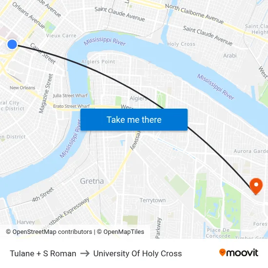 Tulane + S Roman to University Of Holy Cross map