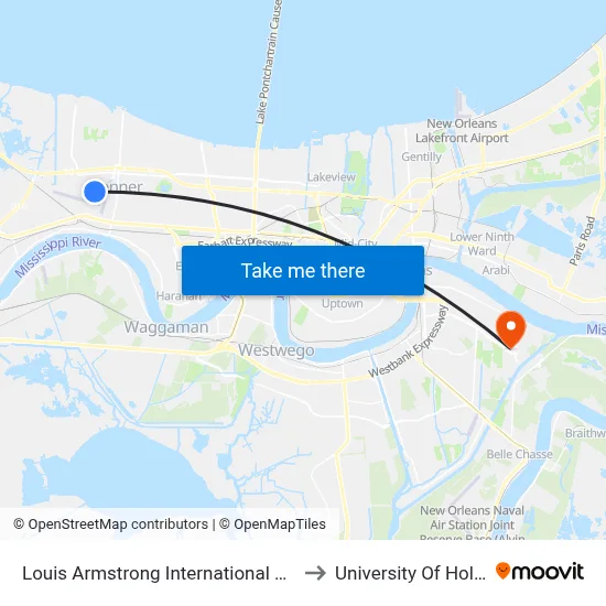 Louis Armstrong International Airport (Msy) to University Of Holy Cross map