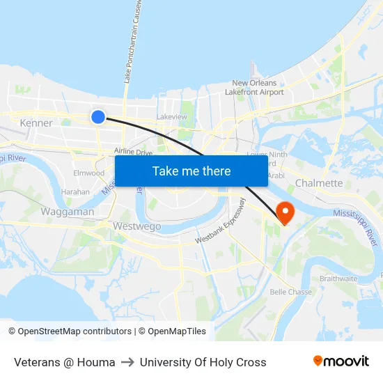 Veterans @ Houma to University Of Holy Cross map