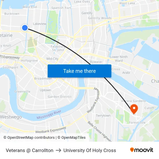 Veterans @ Carrollton to University Of Holy Cross map
