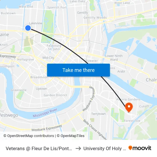 Veterans @ Fleur De Lis/Pontchartrain to University Of Holy Cross map