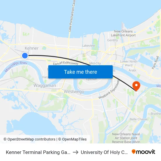 Kenner Terminal Parking Garage to University Of Holy Cross map