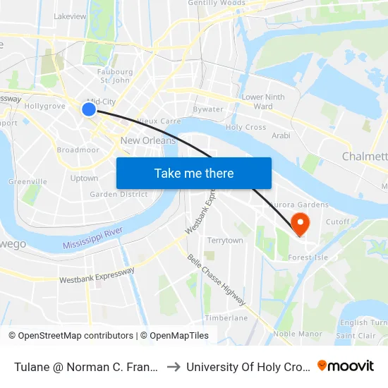 Tulane @ Norman C. Francis to University Of Holy Cross map
