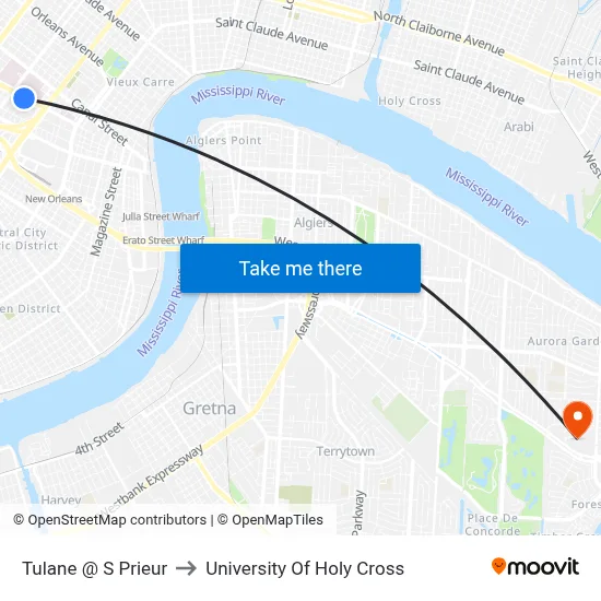 Tulane @ S Prieur to University Of Holy Cross map
