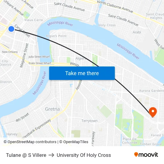Tulane @ S Villere to University Of Holy Cross map