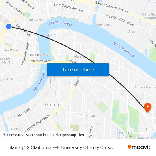 Tulane @ S Claiborne to University Of Holy Cross map