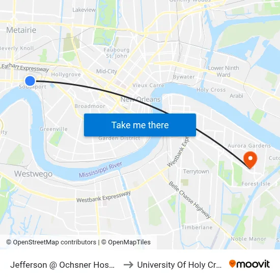Jefferson @ Ochsner Hospital to University Of Holy Cross map