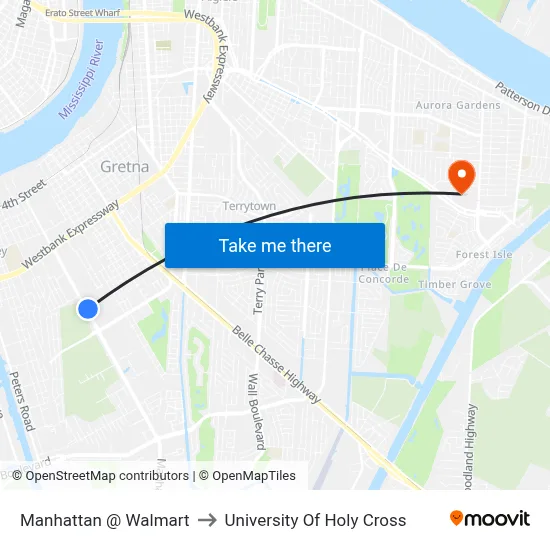 Manhattan @ Walmart to University Of Holy Cross map