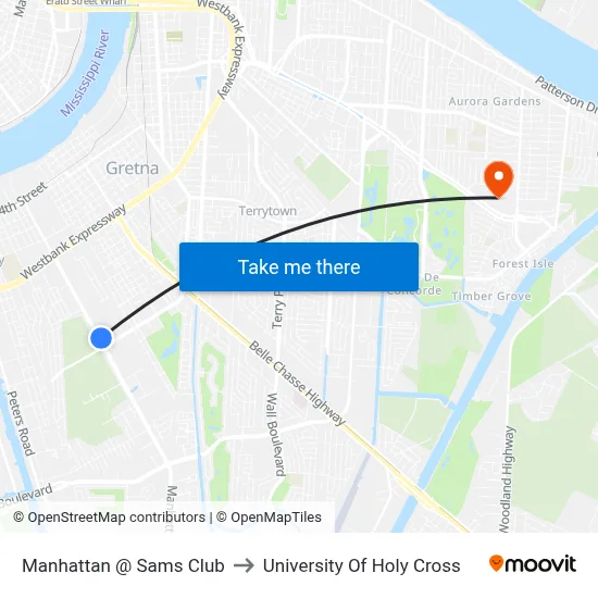 Manhattan @ Sams Club to University Of Holy Cross map