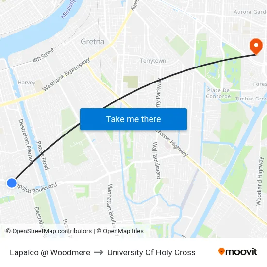 Lapalco @ Woodmere to University Of Holy Cross map
