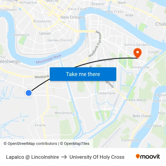 Lapalco @ Lincolnshire to University Of Holy Cross map