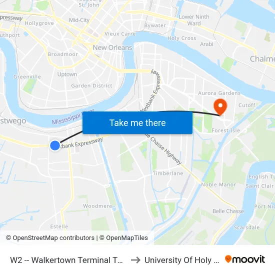 W2 -- Walkertown Terminal To Estelle to University Of Holy Cross map
