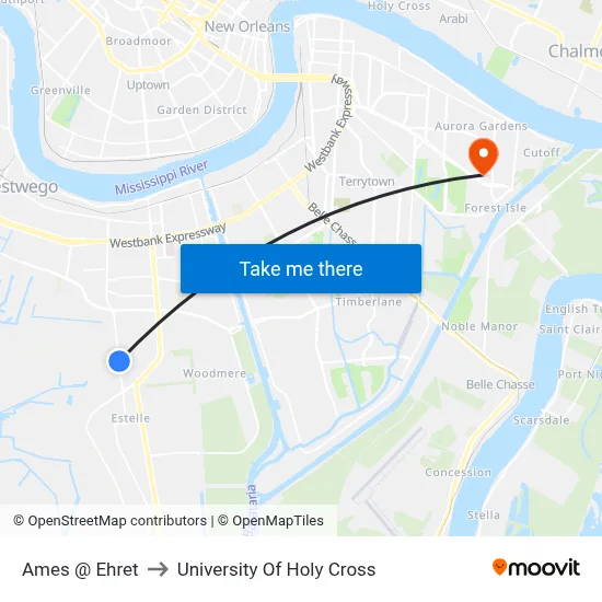 Ames @ Ehret to University Of Holy Cross map