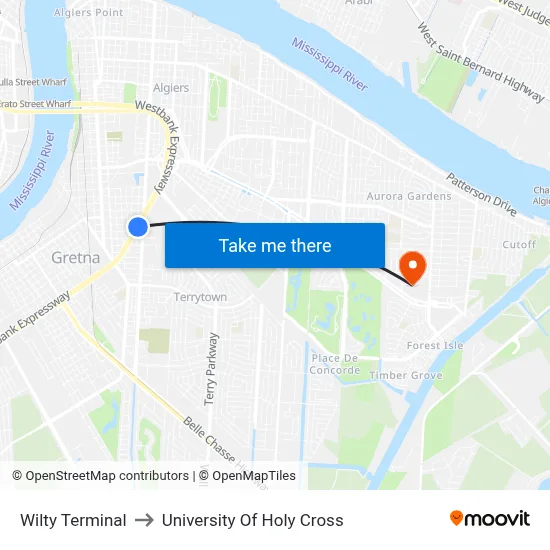 Wilty Terminal to University Of Holy Cross map