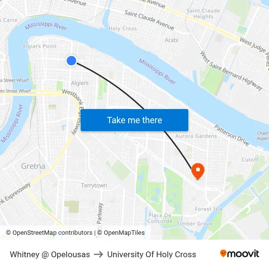 Whitney @ Opelousas to University Of Holy Cross map