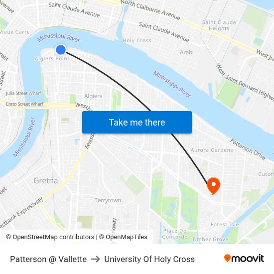 Patterson @ Vallette to University Of Holy Cross map