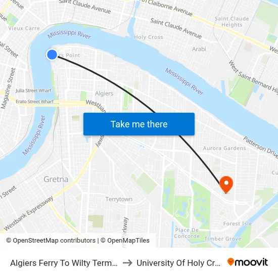 Algiers Ferry To Wilty Terminal to University Of Holy Cross map