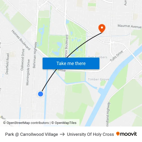 Park @ Carrollwood Village to University Of Holy Cross map