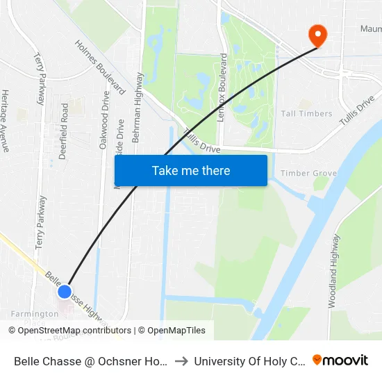 Belle Chasse @ Ochsner Hospital to University Of Holy Cross map