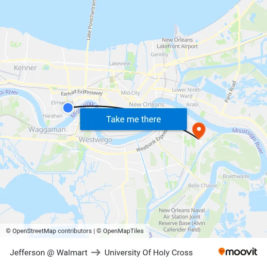 Jefferson @ Walmart to University Of Holy Cross map