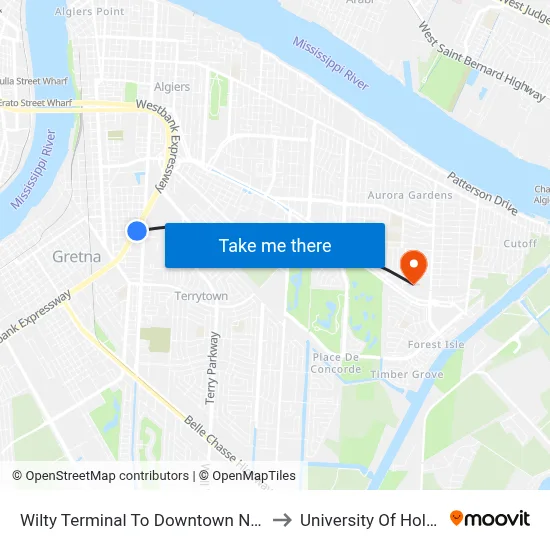 Wilty Terminal To Downtown New Orleans to University Of Holy Cross map