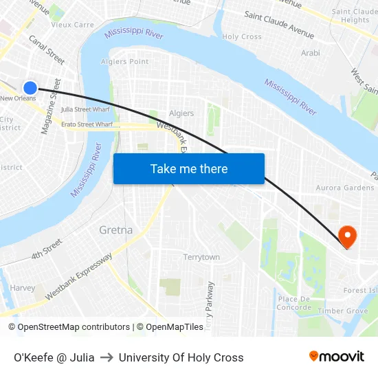 O'Keefe @ Julia to University Of Holy Cross map