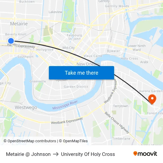 Metairie @ Johnson to University Of Holy Cross map