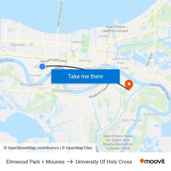 Elmwood Park + Mounes to University Of Holy Cross map