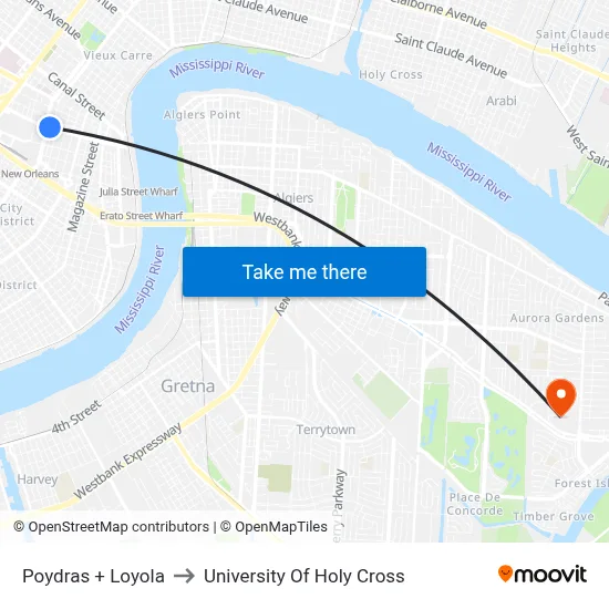 Poydras + Loyola to University Of Holy Cross map