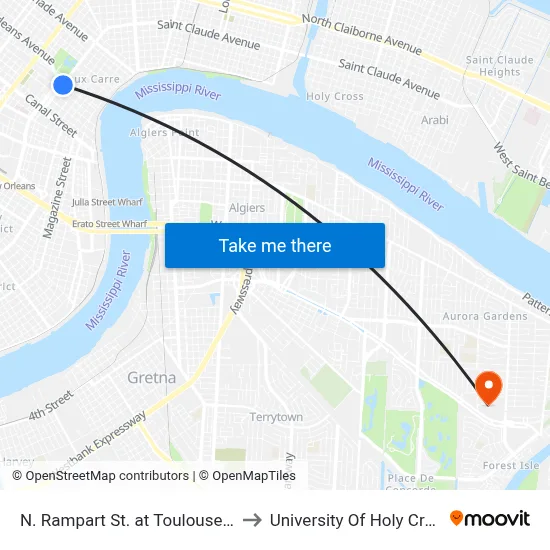 N. Rampart St. at Toulouse St. to University Of Holy Cross map