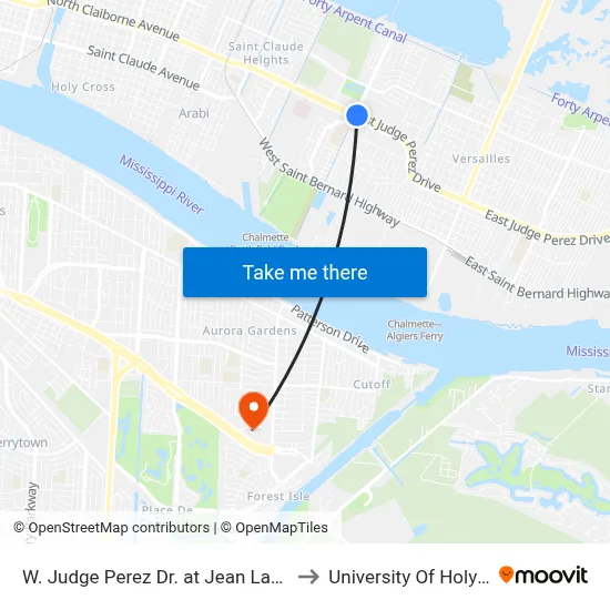 W. Judge Perez Dr. at Jean Lafitte Pkwy. to University Of Holy Cross map