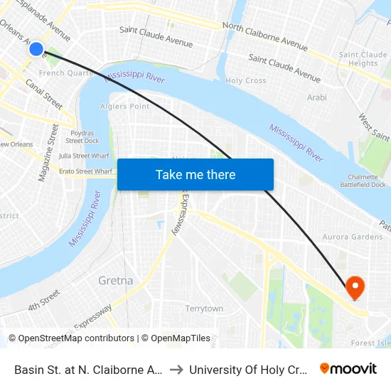 Basin St. at N. Claiborne Ave. to University Of Holy Cross map
