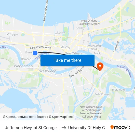 Jefferson Hwy. at St George Ave. to University Of Holy Cross map