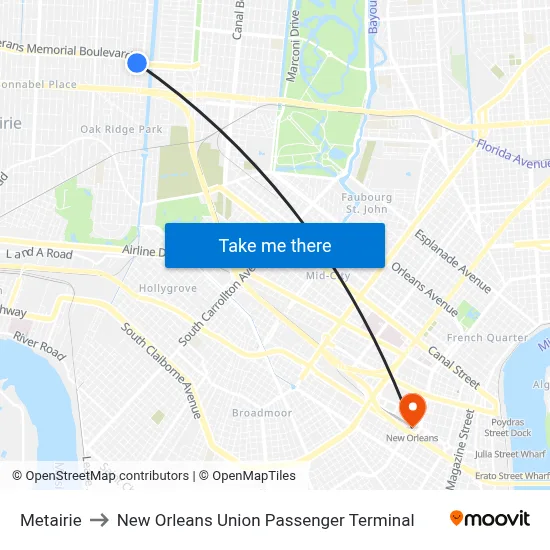 Metairie to New Orleans Union Passenger Terminal map