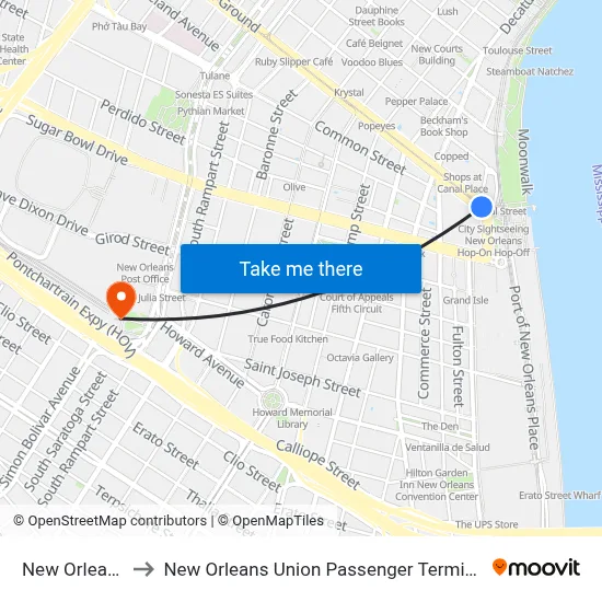 New Orleans to New Orleans Union Passenger Terminal map