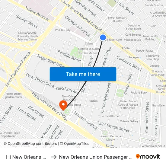 Hi New Orleans Hostel to New Orleans Union Passenger Terminal map