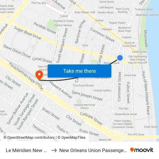 Le Méridien New Orleans to New Orleans Union Passenger Terminal map