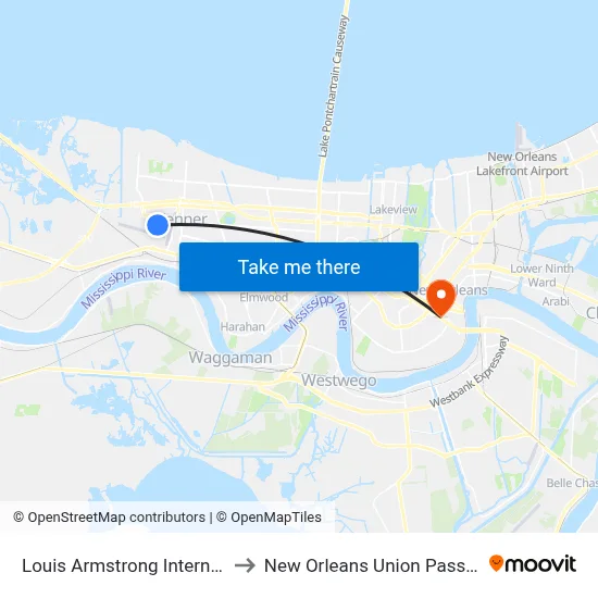 Louis Armstrong International Airport to New Orleans Union Passenger Terminal map
