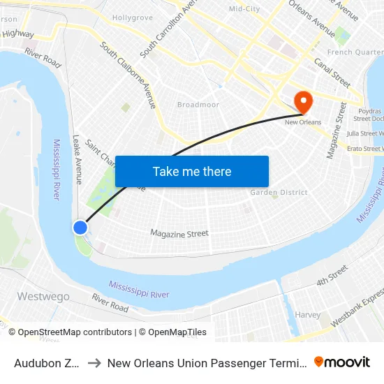 Audubon Zoo to New Orleans Union Passenger Terminal map