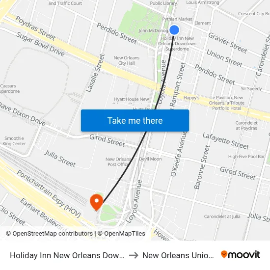 Holiday Inn New Orleans Downtown Superdome an IHG Hotel to New Orleans Union Passenger Terminal map
