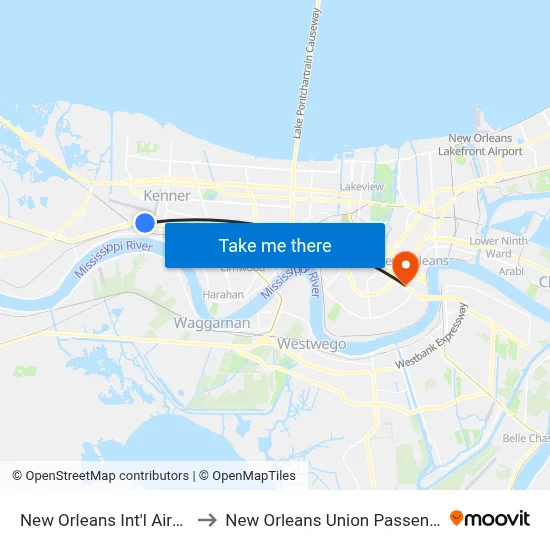 New Orleans Int'l Airport (MSY) to New Orleans Union Passenger Terminal map