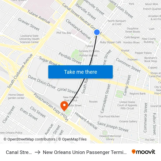 Canal Street to New Orleans Union Passenger Terminal map