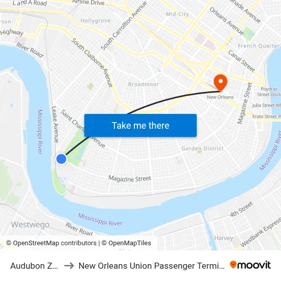 Audubon Zoo to New Orleans Union Passenger Terminal map