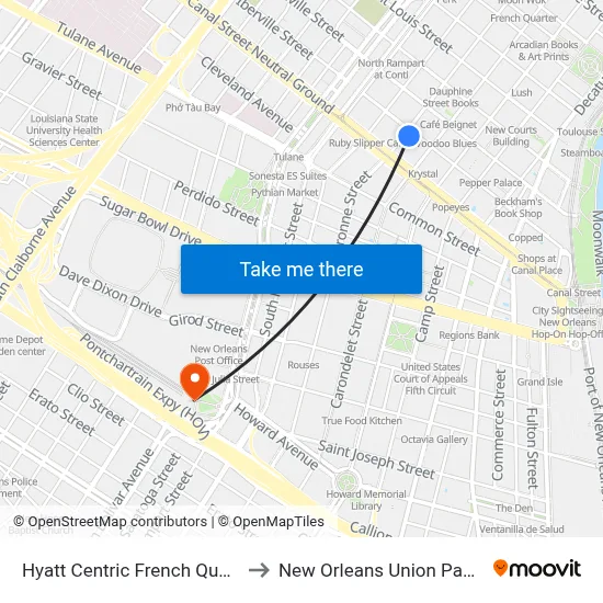 Hyatt Centric French Quarter New Orleans to New Orleans Union Passenger Terminal map