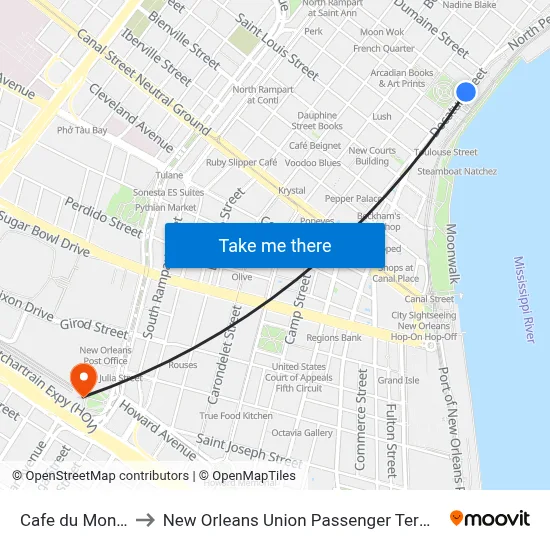 Cafe du Monde to New Orleans Union Passenger Terminal map