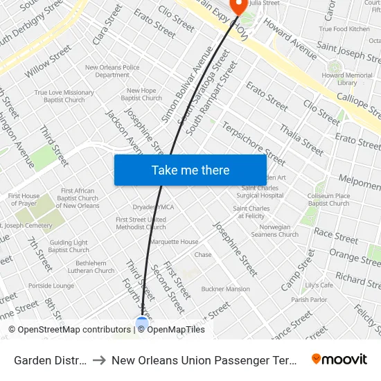 Garden District to New Orleans Union Passenger Terminal map